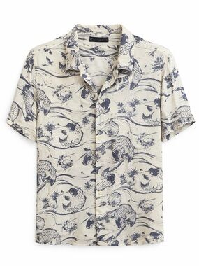 All Saints Cream and Blue Short Sleeve Printed Camp Shirt men’s